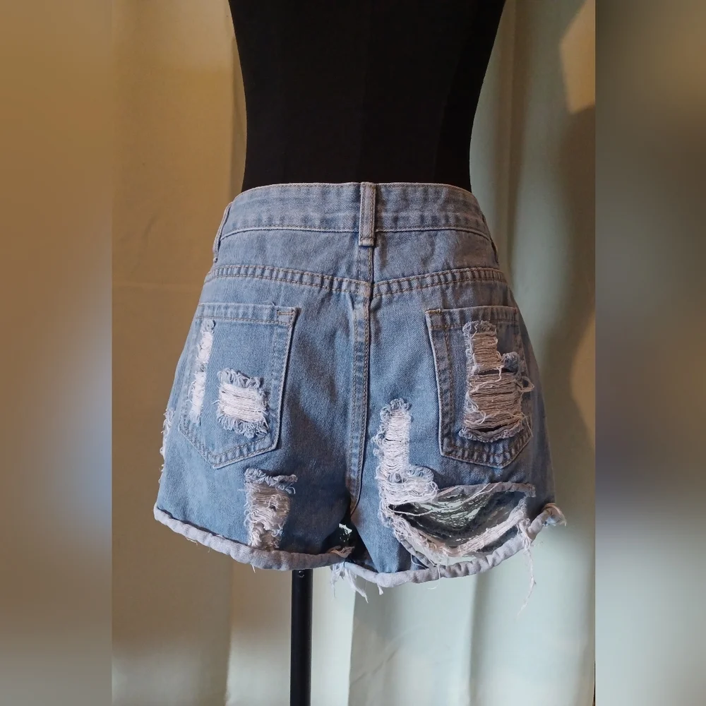 🍒 Shein Distressed Tattered Blue Denim Jean Shorts - Picture 4 of 6